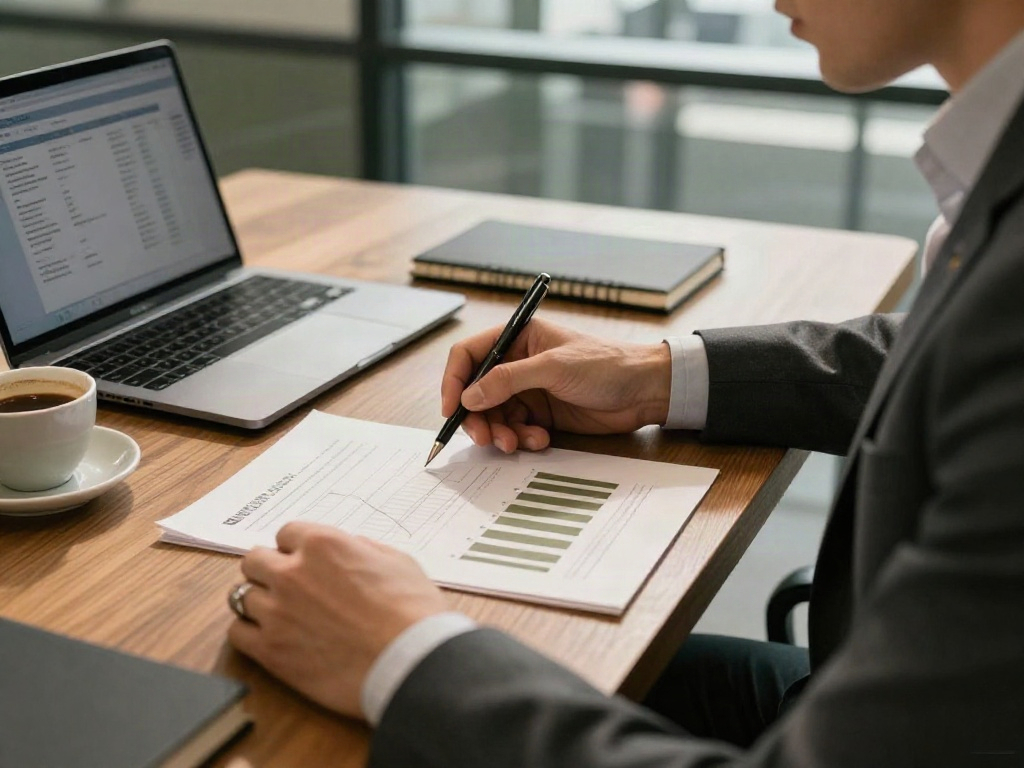 A consultant studying business charts and notes at a walnut desk