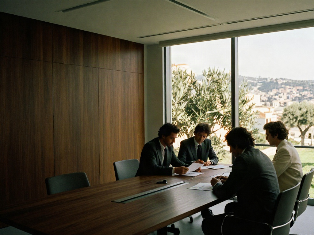 Business leaders reviewing strategy in a sunlit contemporary boardroom